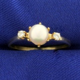 Akoya Pearl And Diamond Ring In 14k Yellow Gold