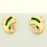 Natural Emerald And Diamond Earrings In 14k Yellow Gold