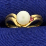 Akoya Pearl And Ruby Pinky Ring In 18k Yellow Gold
