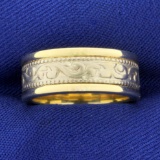 Band Ring With Beaded Edge And Scroll Pattern In 14k Yellow And White Gold