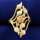 Rose Flower And Nature Design Diamond Ring In 10k Yellow And Rose Gold