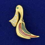 Enameled Pelican Pin With Diamonds In 14k Yellow Gold