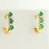 Diamond And Emerald Crescent Shaped Earrings In 14k Yellow Gold