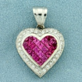 Natural Pink Sapphire And Diamond Heart Pendant In 18k White Gold