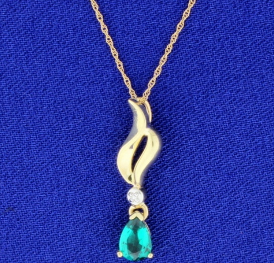 Lab Emerald And Diamond Pendant With Chain In 10k Yellow Gold