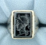 Antique Hematite Gladiator Head Signet Ring In 14k White Gold