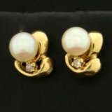 Akoya Pearl And Diamond Stud Earrings In 14k Yellow Gold