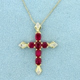 Pink Topaz And Diamond Cross Pendant And Chain In 10k Yellow Gold