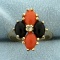 Synthetic Pink And Black Coral And White Sapphire Ring In 10k Yellow Gold