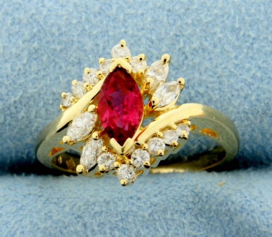 Natural Rubellite Garnet And Diamond Ring In 14k Yellow Gold