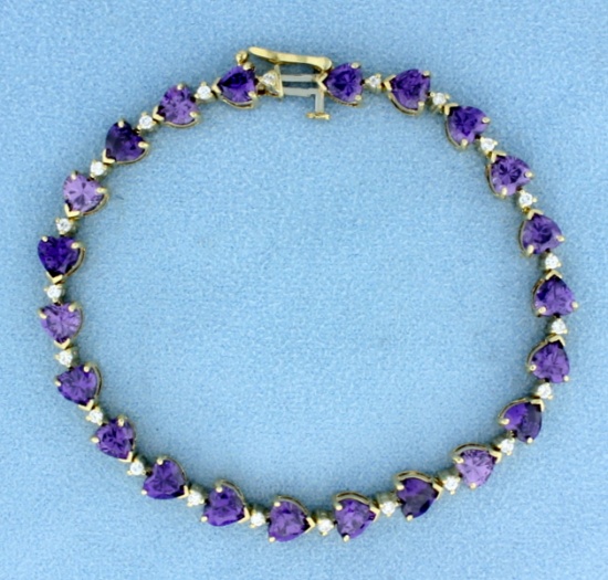 Heart Shaped Amethyst And Diamond Bracelet In 14k Yellow Gold