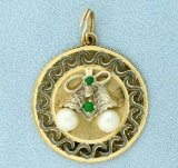 Emerald & Pearl Christmas Bells Holiday Pendant In 14k Yellow Gold