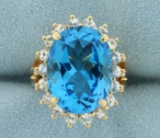 Large Swiss Blue Topaz And White Sapphire Statement Ring In 14k Yellow Gold
