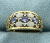 Opal, Tanzanite, And Diamond Ring In 10k Yellow Gold