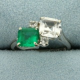 Synthetic Emerald And White Sapphire Ring In 10k White Gold