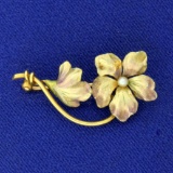 Vintage Art Nouveau Pearl Flower Pin In 14k Yellow Gold