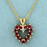 Reversible Ruby And Sapphire Heart Pendant With Diamonds On Chain In 14k Yellow Gold