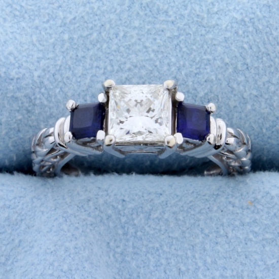 1 Carat Princess Cut "leo" Diamond Ring With Sapphires In 14k White Gold