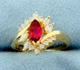 Natural Rubellite Garnet And Diamond Ring In 14k Yellow Gold