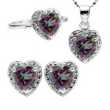 Heart Cut Mystic Topaz And Diamond Ring Earring And Necklace Set In Sterling Silver