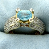 Unique Sky Blue Topaz And 100 Diamond Ring In 14k Yellow Gold