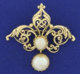 Antique Two Pearl Pendant Or Pin In 14k Yellow Gold