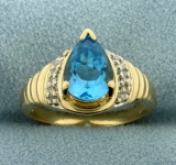 Swiss Blue Topaz And Diamond Ring In 14k Yellow Gold