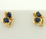 Natural Sapphire And Diamond Earrings In 14k Yellow Gold