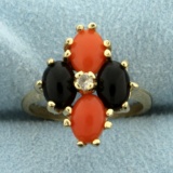 Synthetic Pink And Black Coral And White Sapphire Ring In 10k Yellow Gold