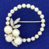 Akoya Pearl And Diamond Pin In 14k White Gold