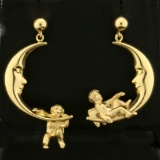 Moon And Cherub Dangle Earrings In 14k Yellow Gold
