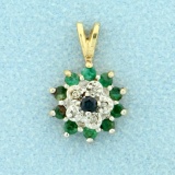 Sapphire, Emerald, And Diamond Starburst Pendant In 14k Yellow Gold
