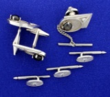 Diamond And Black Sapphire Cufflinks, Tie Tack, And Tuxedo Stud Set In 14k White Gold