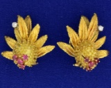 Antique Clip-on Diamond And Ruby Lychee Or Dragon Fruit Design Earrings In 18k Yellow Gold