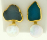 Signed Betsy Fuller Designer 18k Gold And Pearl Modernist Style Clip On Earrings