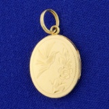 Etched Hummingbird Design Gold Locket In 14k Yellow Gold