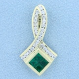 Natural Emerald And Diamond Pendant Or Slide In 14k Yellow Gold