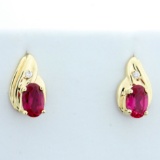 Lab Ruby And Diamond Earrings In 10k Yellow Gold