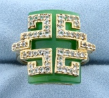 Jade And White Sapphire Statement Ring In Gold Plated Sterling Silver