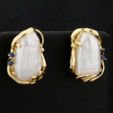 Baroque Pearl And Sapphire Earrings In 14k Yellow Gold