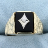 Men's Onyx And Diamond Ring In 10k Yellow And White Gold