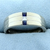 Men's Sapphire And Diamond Band Ring In 14k White Gold