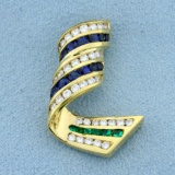 Charles Krypell Designer Diamond, Sapphire, And Emerald Slide Pendant In 18k Yellow Gold