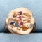 Vintage Hand Crafted Diamond, Sapphire, And Ruby Ring In 14k Rose Gold