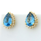 Vintage 6.0ct Tw Blue Topaz And Diamond Earrings In 18k Yellow Gold