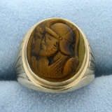 Spartan Gladiator Carved Tiger's Eye Ring In 10k Yellow Gold
