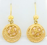 Diamond Cut Lace Design Dangle Earrings In 14k Yellow And Rose Gold