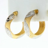 Diamond Cut Textured Hoop Earrings In 14k Yellow And White Gold