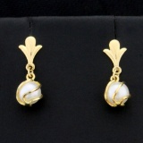 5.5mm Caged Design Akoya Pearl Dangle Drop Earrings In 14k Yellow Gold
