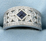 Diamond And Sapphire Art Deco Band Ring In 14k White Gold